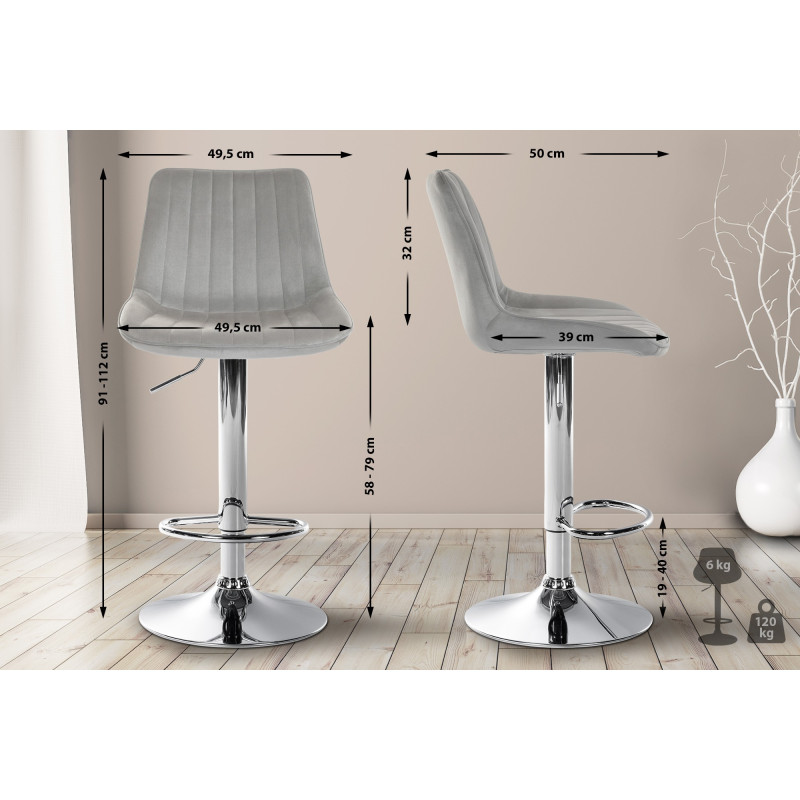 Tabouret de bar Toni en velours, chromé gris