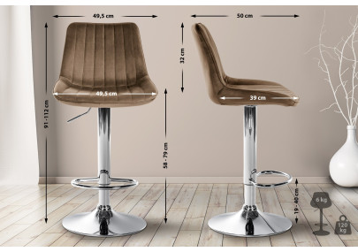 Tabouret de bar Toni en velours, marron chromé