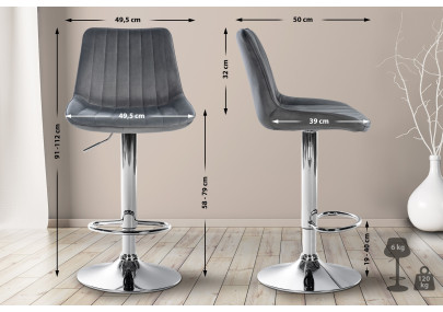 Tabouret de bar Toni, velours, chrome, gris foncé