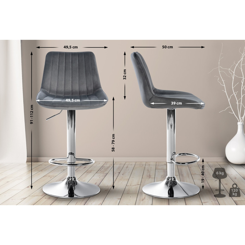 Tabouret de bar Toni en velours, chromé gris foncé