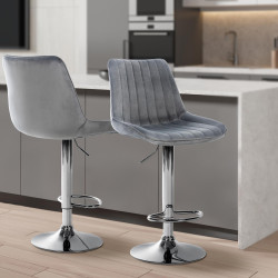 Tabouret de bar Toni en velours, chromé gris foncé