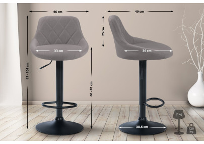 Tabouret de bar Lazio, tissu, noir/gris