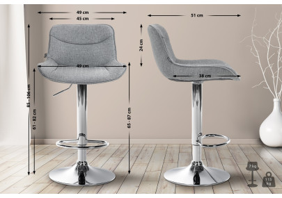 Lot de 2 tabourets de bar Vonore tissu gris chrome