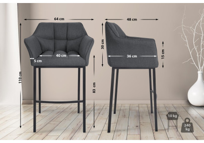 Sgabello da bar in feltro Damaso B con struttura a 4 gambe, grigio