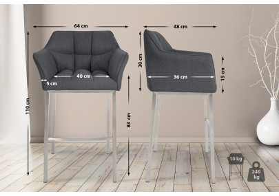 Sgabello da bar in feltro Damaso E con struttura a 4 gambe, grigio