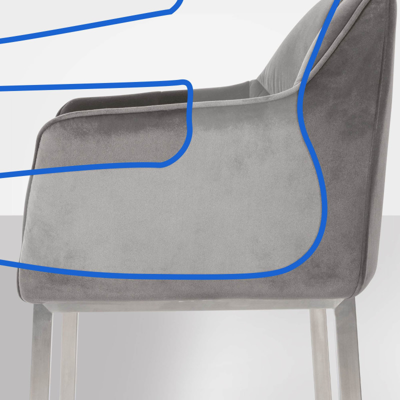 Tabouret de bar Damaso E en velours gris, piètement à 4 pieds