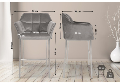 Sgabello da bar in velluto Damaso E con struttura a 4 gambe, grigio