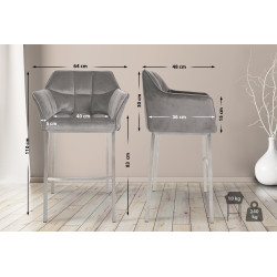 Taburete de bar Damaso E de terciopelo con estructura de 4 patas, gris