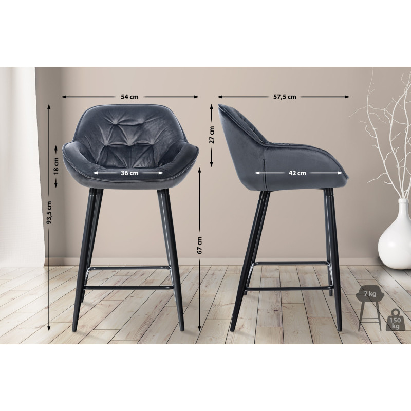 Ensemble de 2 tabourets de bar Gibson en velours gris foncé