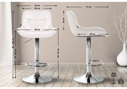 Ensemble de 2 tabourets de bar Vonore, velours, chrome, crème