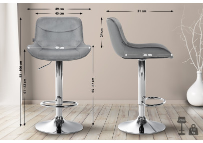 Lot de 2 tabourets de bar Vonore velours gris chrome