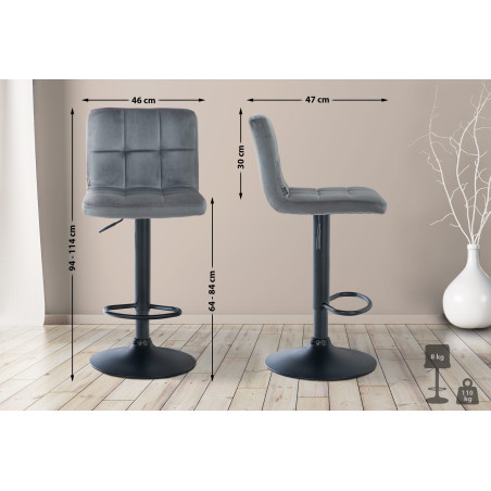 Tabouret de bar Pérou, velours noir gris foncé
