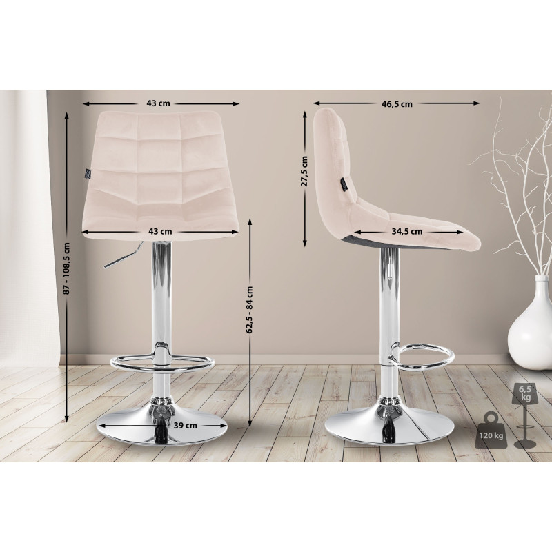 Tabouret de bar Jerry, velours, chrome, beige