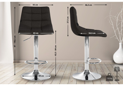 Tabouret de bar Jerry, tissu, chrome, noir