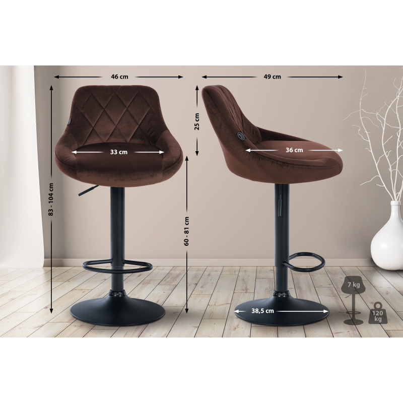 Tabouret de bar Lazio en velours, noir/marron