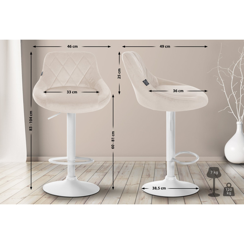 Tabouret de bar Lazio en velours blanc crème