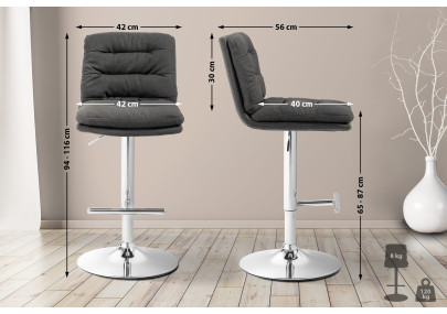 Tabouret de bar Damar, tissu, chrome, gris foncé