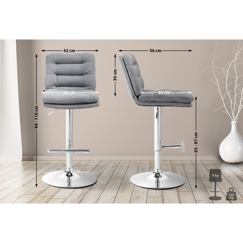 Tabouret de bar Damar, tissu, gris chromé