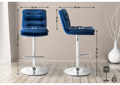 Tabouret de bar en velours Damar, chromé, bleu