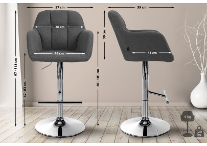 Tabouret de bar Natoma, tissu, chrome, gris foncé