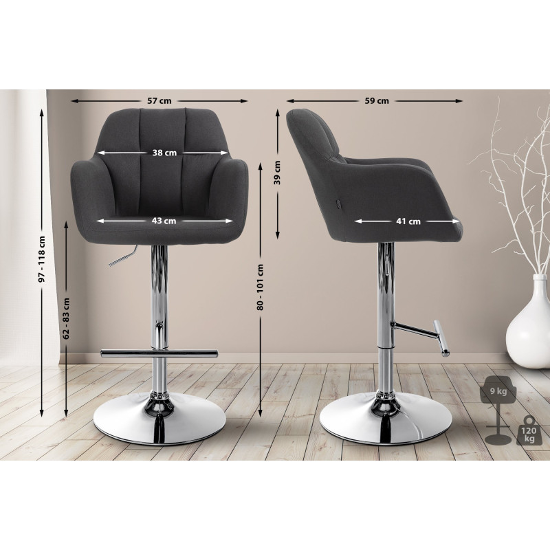 Tabouret de bar Natoma, tissu, chrome, noir