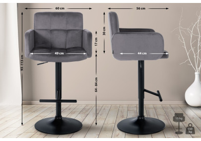 Taburete de bar Los Ángeles, terciopelo, negro/gris oscuro