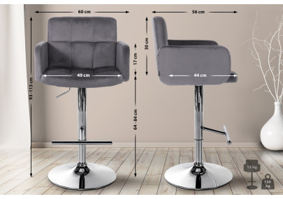 Tabouret de bar Los Angeles, velours, chrome, gris foncé