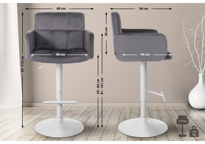 Tabouret de bar Los Angeles, velours, blanc/gris foncé