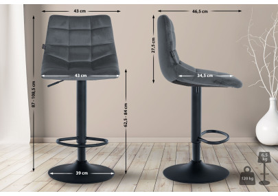 Ensemble de 2 tabourets de bar Jerry, velours, noir/gris foncé