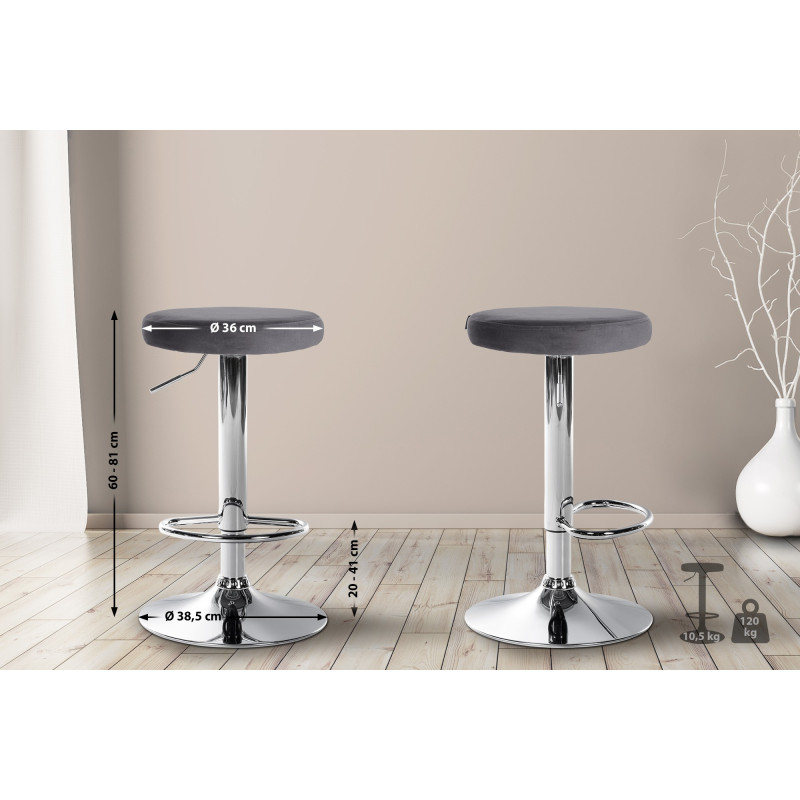 Ensemble de 2 tabourets de bar Ponte, velours, chrome, gris foncé