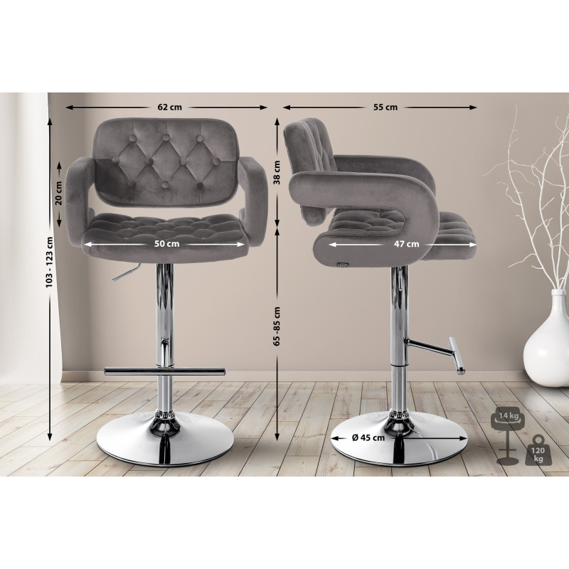 Tabouret de bar Dublin, velours, chrome gris