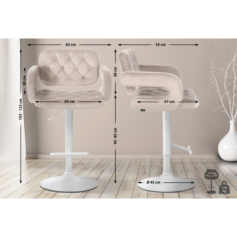 Tabouret de bar Dublin en velours blanc crème