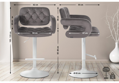 Tabouret de bar Dublin, velours, blanc/gris