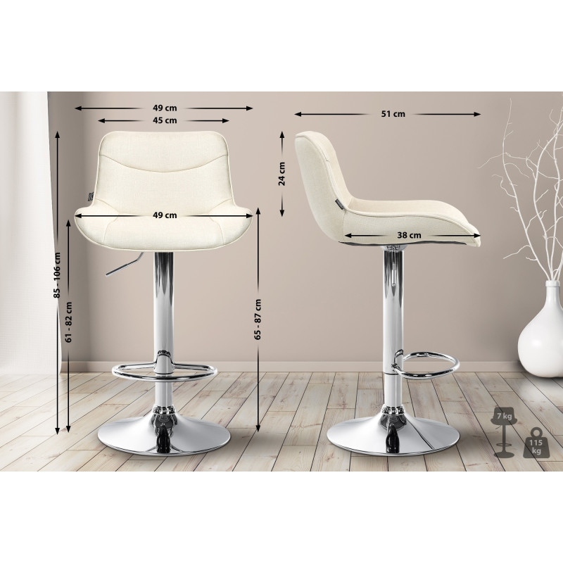 Tabouret de bar Vonore, tissu, chrome crème