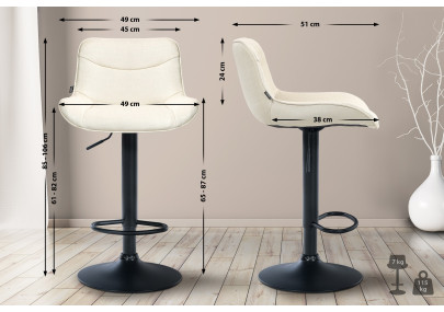 Tabouret de bar Vonore, tissu, noir et crème