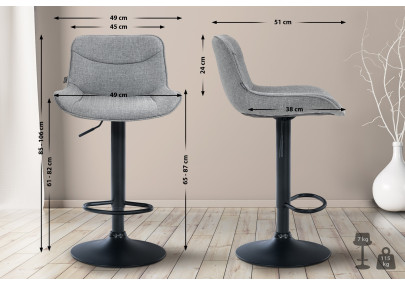 Taburete de bar Vonore, tapizado, negro/gris