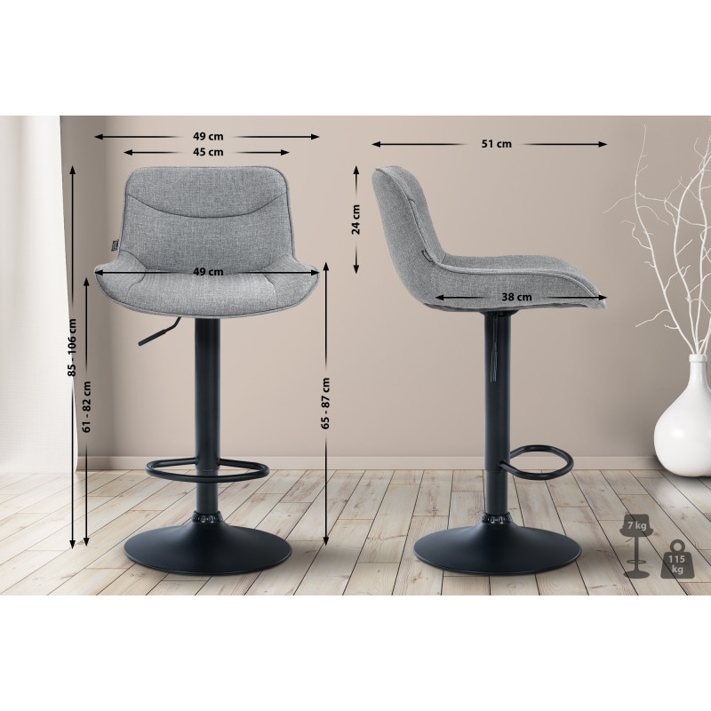 Tabouret de bar Vonore, tissu noir gris