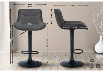 Tabouret de bar Vonore, tissu : noir/gris foncé