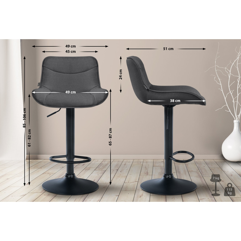 Tabouret de bar Vonore, tissu noir gris foncé