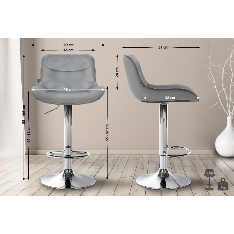 Tabouret de bar Vonore, velours, gris chromé