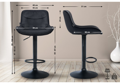 Tabouret de bar Vonore, velours, noir