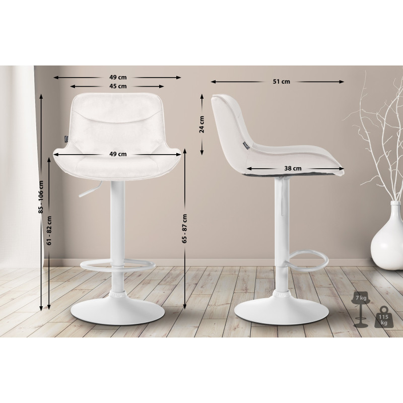 Tabouret de bar Vonore en velours, blanc/crème