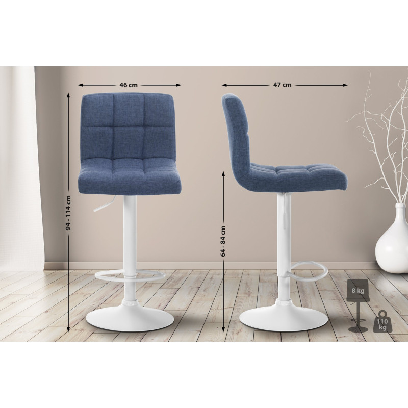 Ensemble de 2 tabourets de bar Calma, tissu blanc bleu