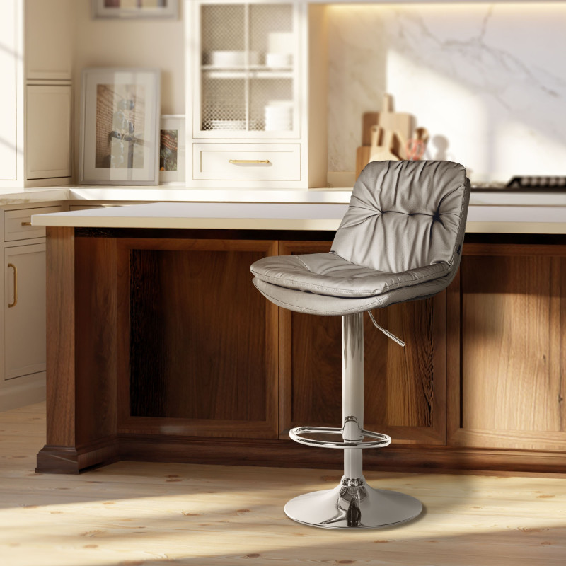 Taburete de bar Laurel, imitación de cuero, gris cromado