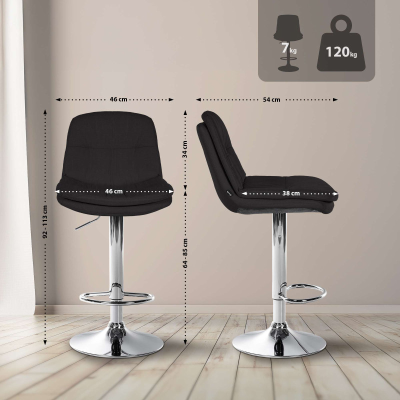 Tabouret de bar Laurel, tissu, chrome, noir