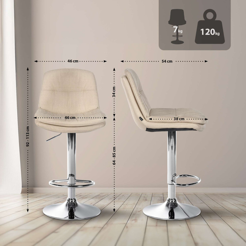 Tabouret de bar Laurel, tissu, chrome, crème