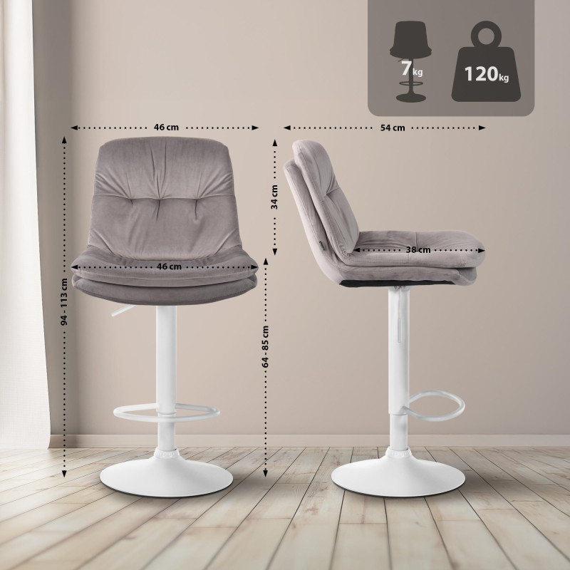 Tabouret de bar en velours Laurel, blanc gris