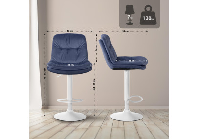 Tabouret de bar en velours Laurel, blanc/bleu
