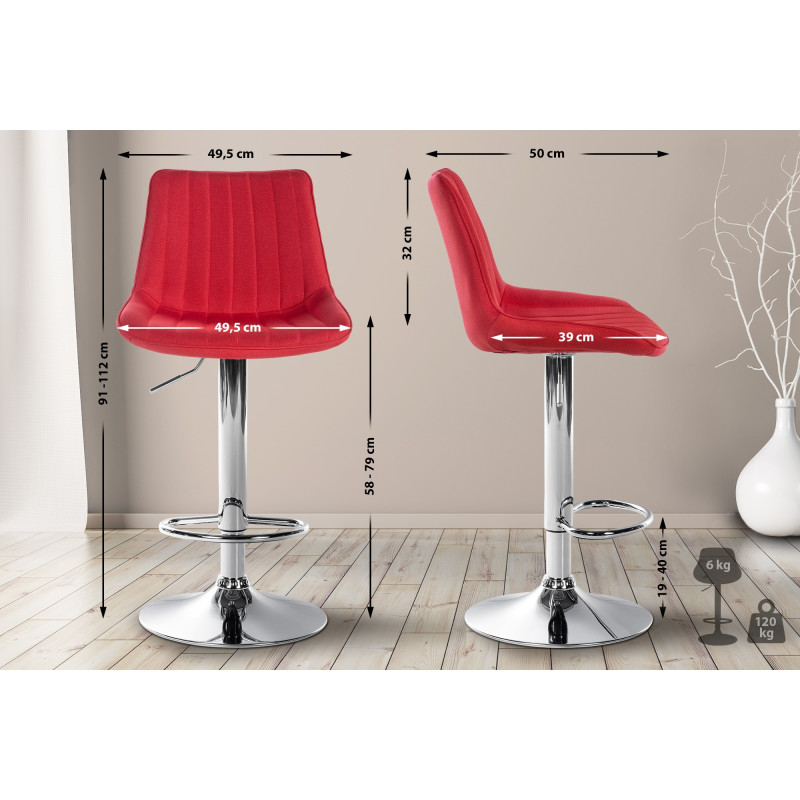 Ensemble de 2 tabourets de bar Toni, tissu, chrome rouge