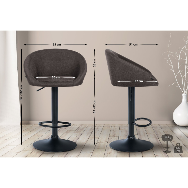 Tabouret de bar Davie, tissu noir gris foncé